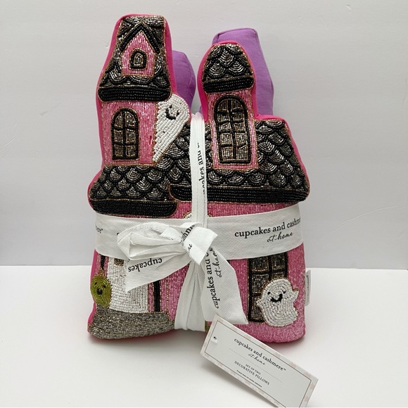 Cupcakes & Cashmere Set of 2 Beaded Halloween Ghost Haunted House Pillows NEW - Picture 2 of 5